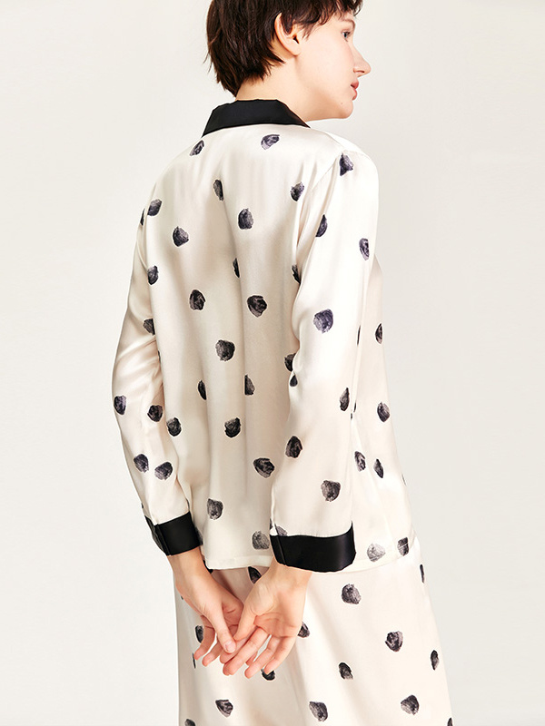 Long Sleeves Polka Dot Print Two-Piece Silk Pajamas Set